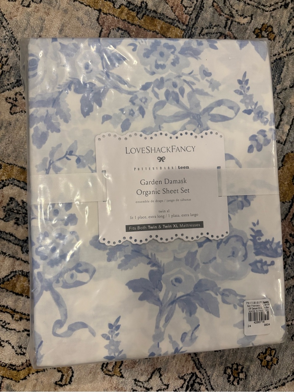 POTTERY BARN TEEN LOVESHACKFANCY GARDEN DAMASK ORGANIC SHEET SET TWIN XL BLUE